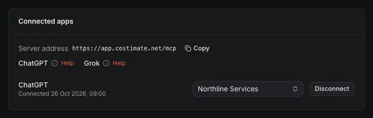 Connected apps, under Settings and Security: the server address to give the app with Copy, help for ChatGPT and Grok, and ChatGPT connected to Northline Services with Disconnect.