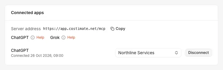 Connected apps, under Settings and Security: the server address to give the app with Copy, help for ChatGPT and Grok, and ChatGPT connected to Northline Services with Disconnect.