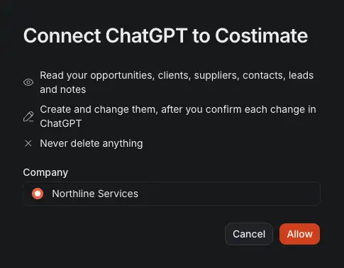The screen ChatGPT opens in Costimate to connect: what the app may do, the company it will work in, and Allow.