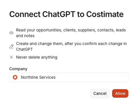 The screen ChatGPT opens in Costimate to connect: what the app may do, the company it will work in, and Allow.