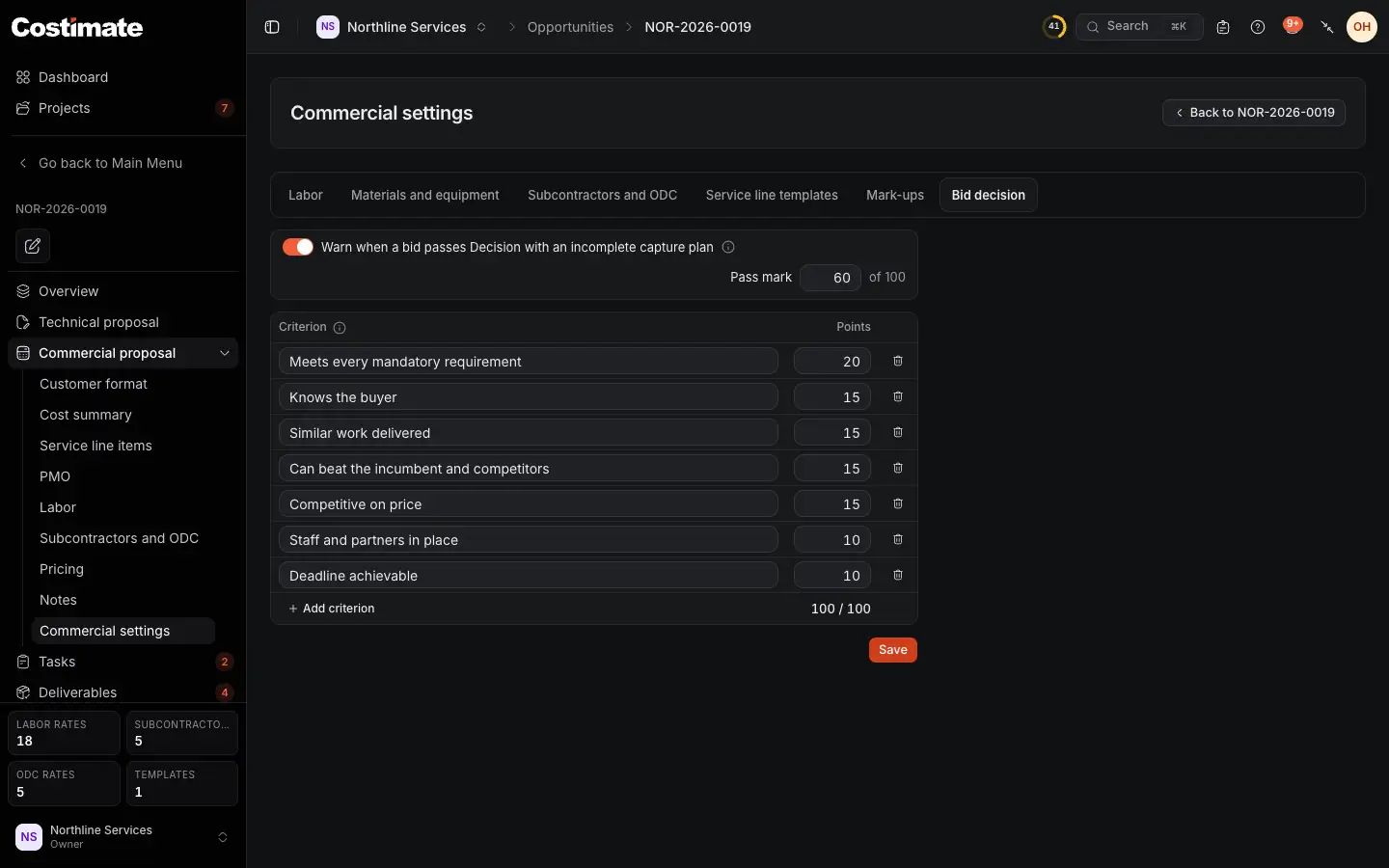 The Bid decision tab of Commercial settings: the warning when a bid passes Decision with its capture plan not complete, the pass mark, and the criteria of the scorecard with their points.