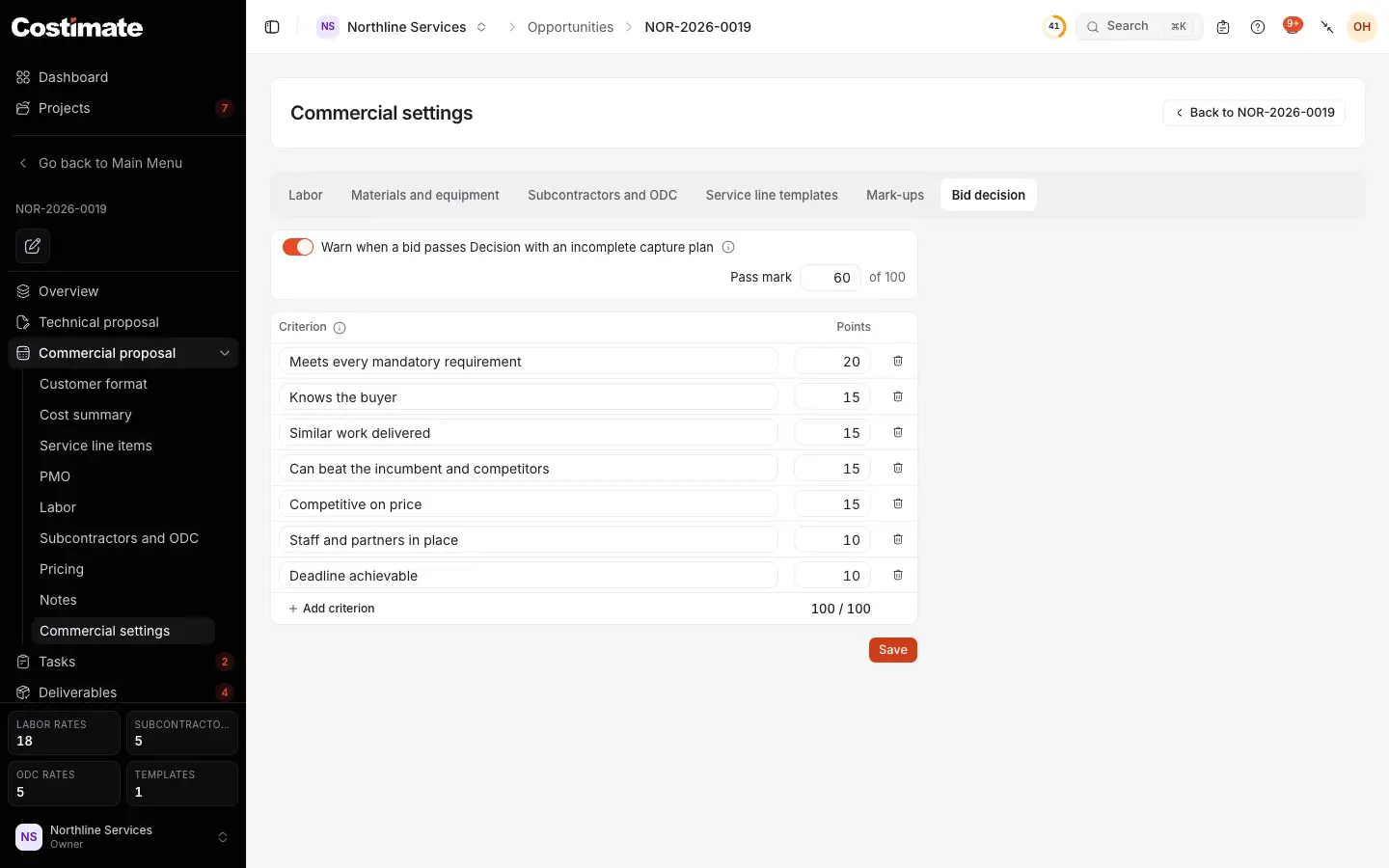 The Bid decision tab of Commercial settings: the warning when a bid passes Decision with its capture plan not complete, the pass mark, and the criteria of the scorecard with their points.