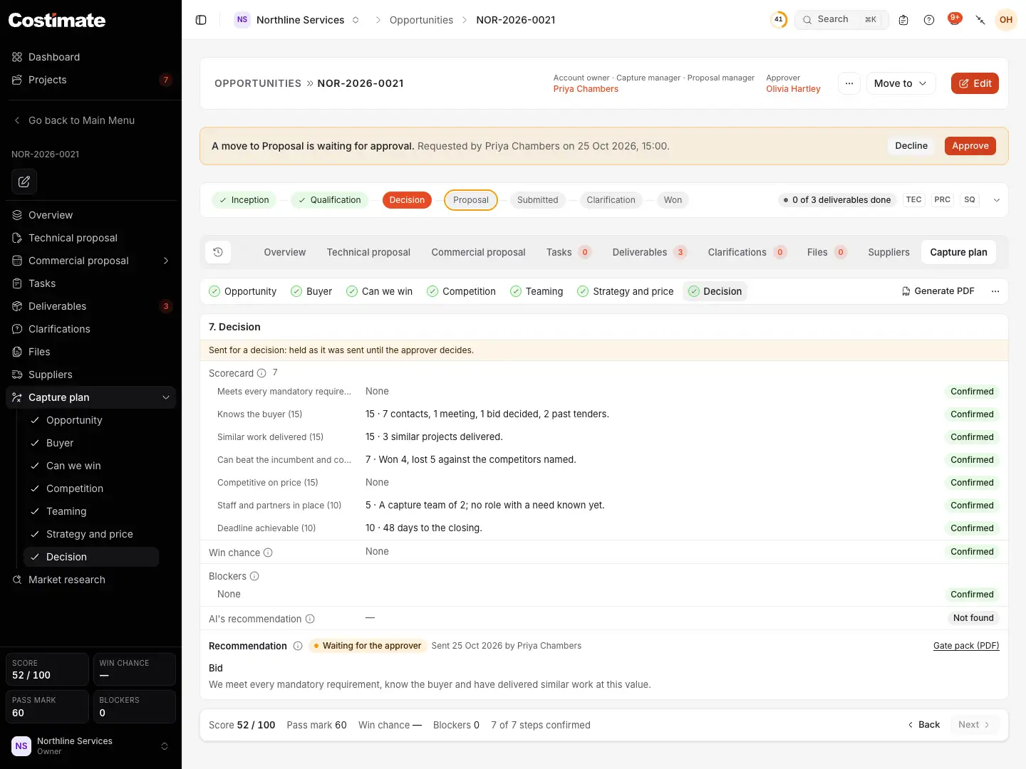 The Decision step of a capture plan sent for a decision: the move to Proposal waiting for its approver, the scorecard with each criterion's points and evidence, and the recommendation with its gate pack.