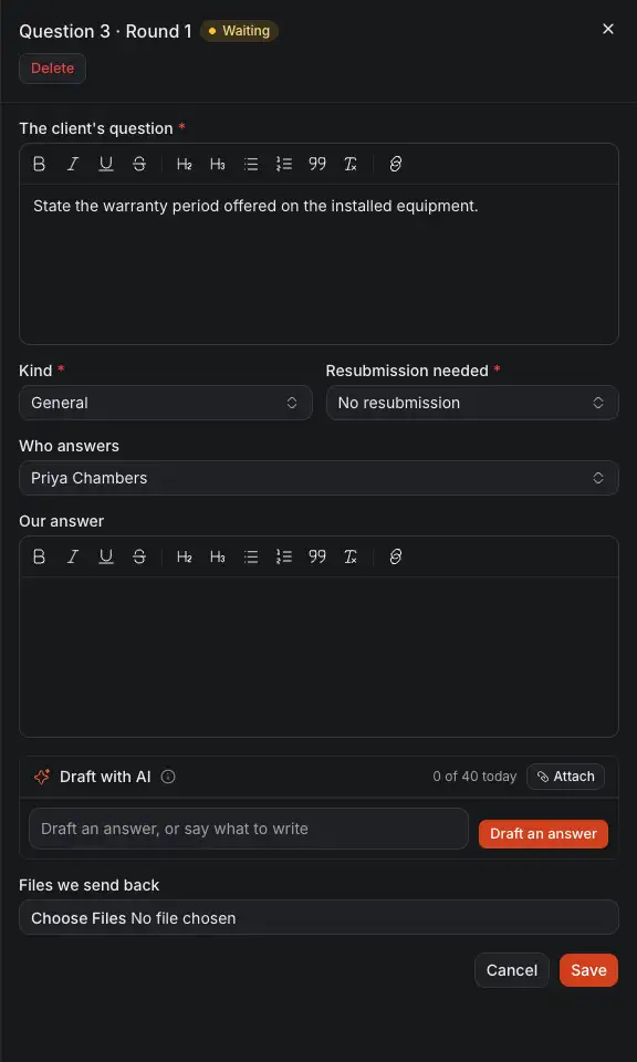 A question of the client opened: what the client asks, its kind and what it needs sent again, who answers, the answer, and Draft with AI.