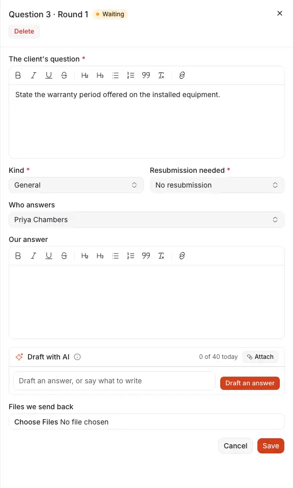 A question of the client opened: what the client asks, its kind and what it needs sent again, who answers, the answer, and Draft with AI.