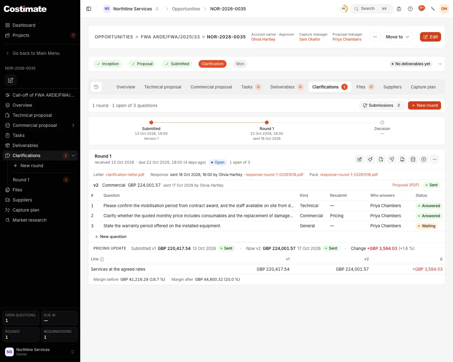 The Clarifications tab of a submitted bid: the timetable to the decision, a round of the client's questions with its letter, the response sent with its pack, each question with who answers it, and the pricing sent again.