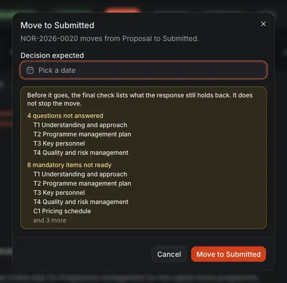 The dialog Move to Submitted of a tender read and kept: the day the client is expected to decide, and the check of what may still be missing before you submit.