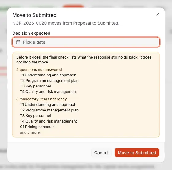 The dialog Move to Submitted of a tender read and kept: the day the client is expected to decide, and the check of what may still be missing before you submit.