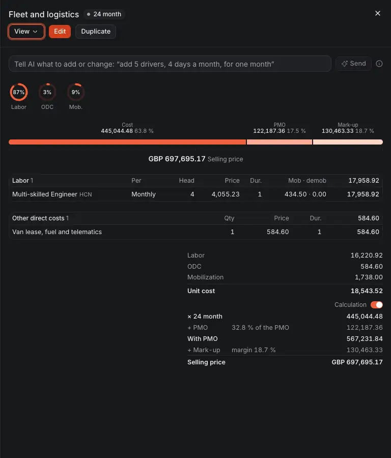 A service line opened in its pane: Edit, the field to tell AI what to add or change, its cost by kind, its entries, and how its unit cost becomes its selling price.