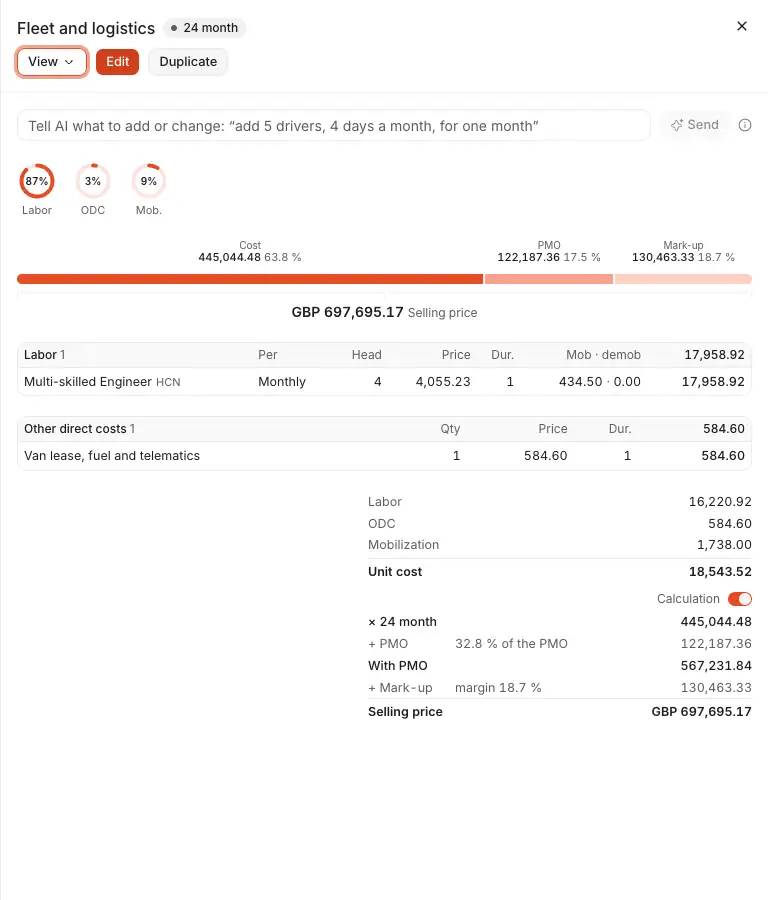 A service line opened in its pane: Edit, the field to tell AI what to add or change, its cost by kind, its entries, and how its unit cost becomes its selling price.