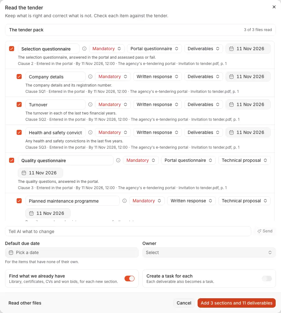 The review of a tender read with AI: what was read of the pack, each item found in the buyer's order with what it is and where it lives, the line to correct it in words, and the button that keeps it.