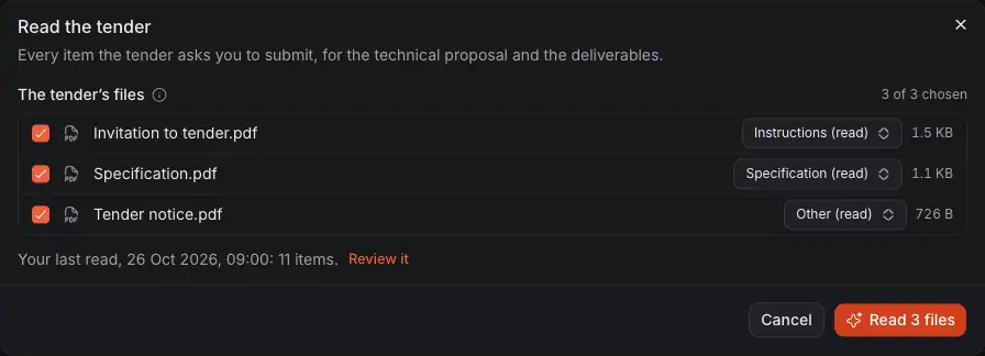 The dialog Read the tender: the bid's files, each with what it is, the last read with Review it, and the button that reads them.