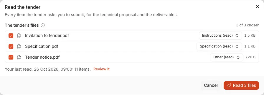 The dialog Read the tender: the bid's files, each with what it is, the last read with Review it, and the button that reads them.