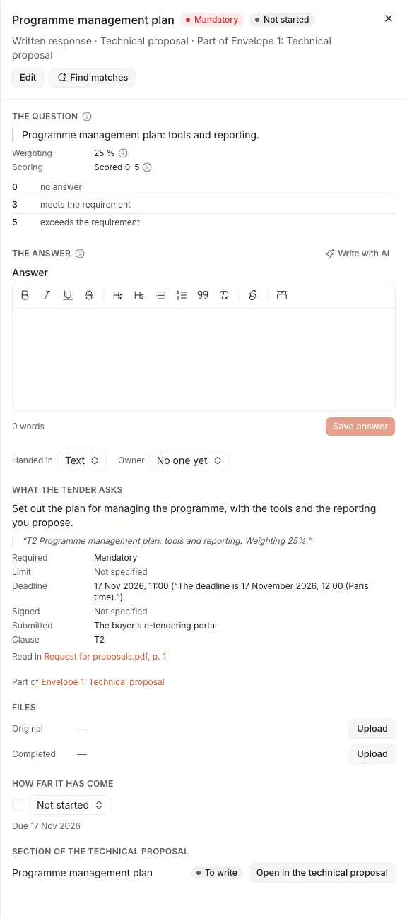 One item of the checklist opened: the question as the buyer wrote it, its weighting and how it is scored, the answer with Write with AI, and what the tender asks of it.