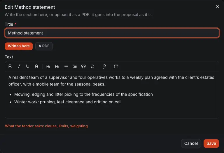 A section opened to edit: written here or a PDF, its text, what the tender asks of it, and Save.
