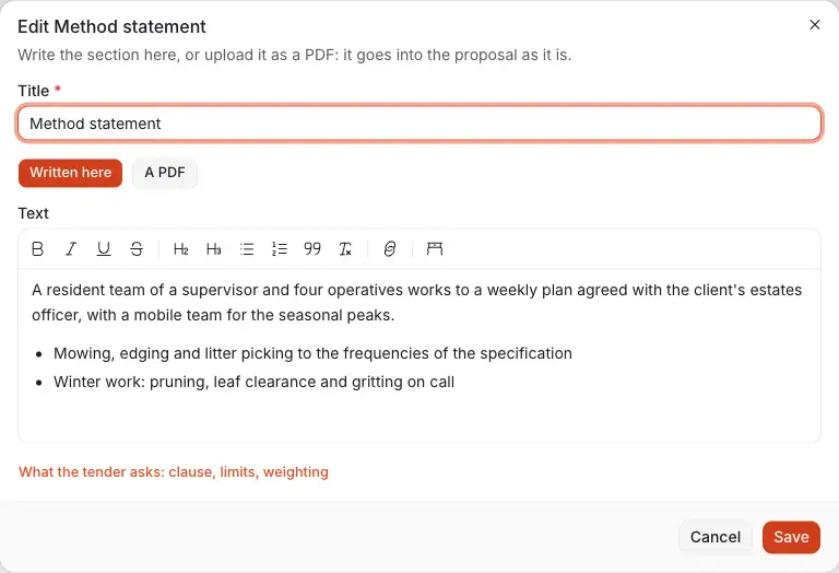 A section opened to edit: written here or a PDF, its text, what the tender asks of it, and Save.