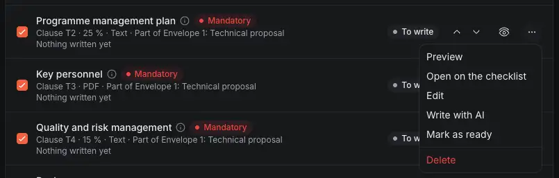 The menu of a section still to write, with Write with AI.