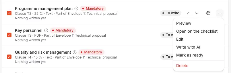 The menu of a section still to write, with Write with AI.