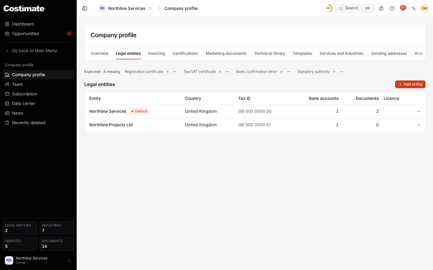The company profile's Legal entities: the papers expected of the default entity, and each entity with its country, tax ID, bank accounts and documents.