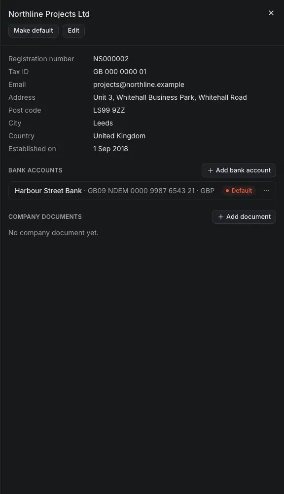 A legal entity opened in its pane: Make default and Edit, what it prints on a document, its bank accounts and its company documents.