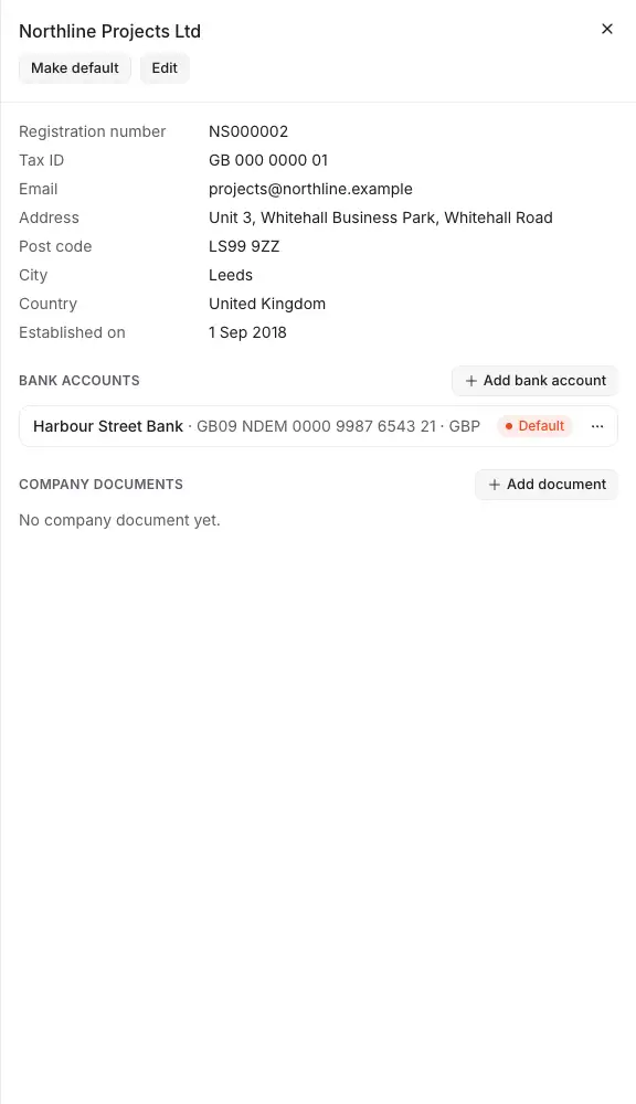 A legal entity opened in its pane: Make default and Edit, what it prints on a document, its bank accounts and its company documents.