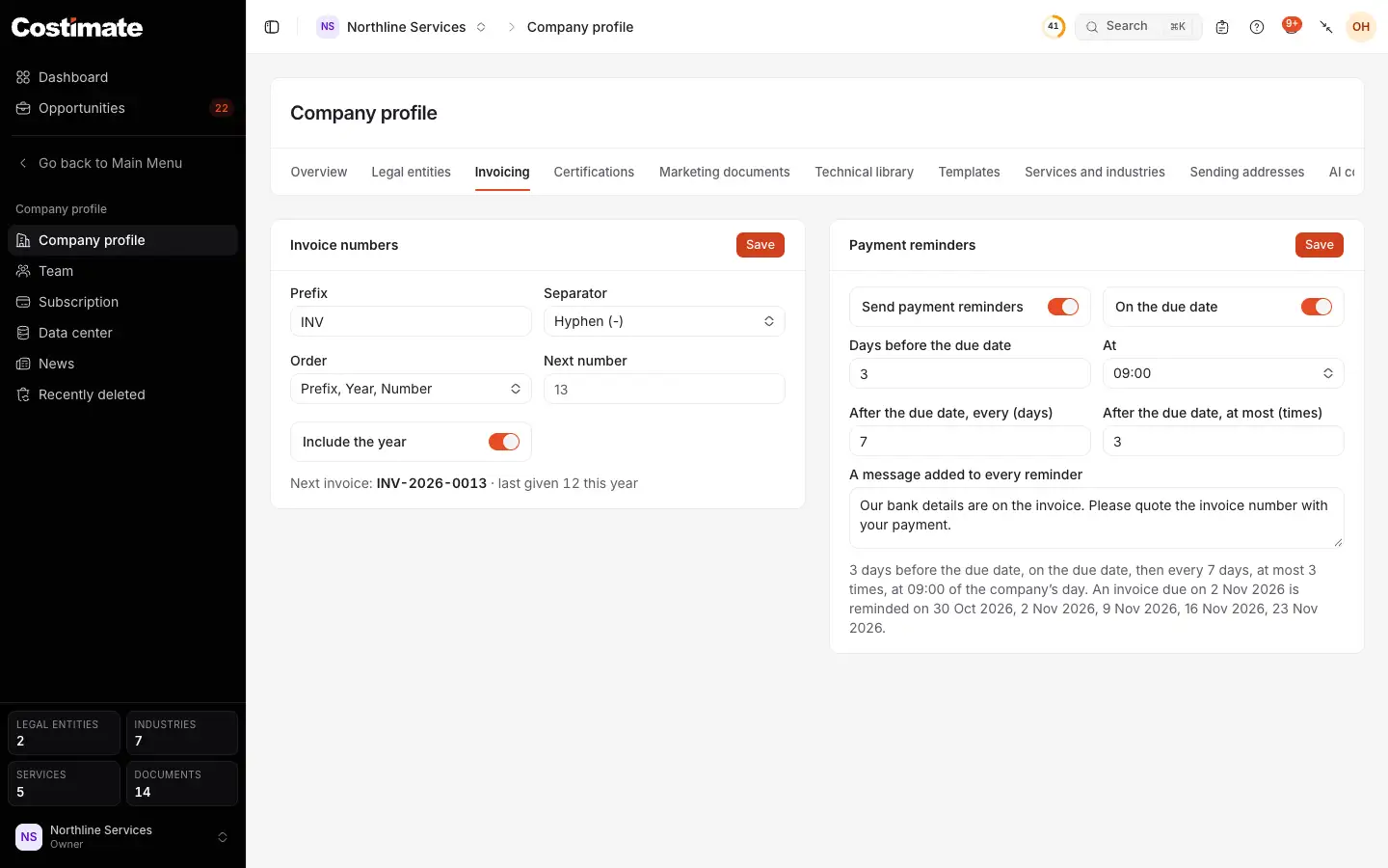 The company profile's Invoicing: how invoices are numbered, with the next number, and when payment reminders go.