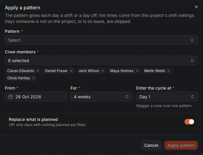 The dialog Apply a pattern: the pattern, the crew members, the first day and how many weeks, the day of the cycle to start on, and whether to replace what is planned.