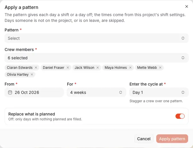 The dialog Apply a pattern: the pattern, the crew members, the first day and how many weeks, the day of the cycle to start on, and whether to replace what is planned.