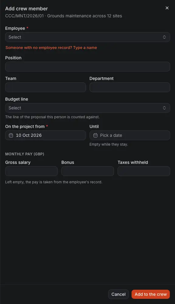 The drawer Add crew member: the employee, their position, team and department, the line of the proposal they count against, the day they join the project, and their monthly pay.