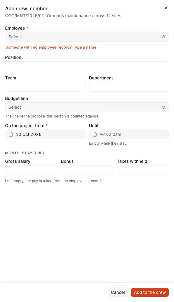 The drawer Add crew member: the employee, their position, team and department, the line of the proposal they count against, the day they join the project, and their monthly pay.