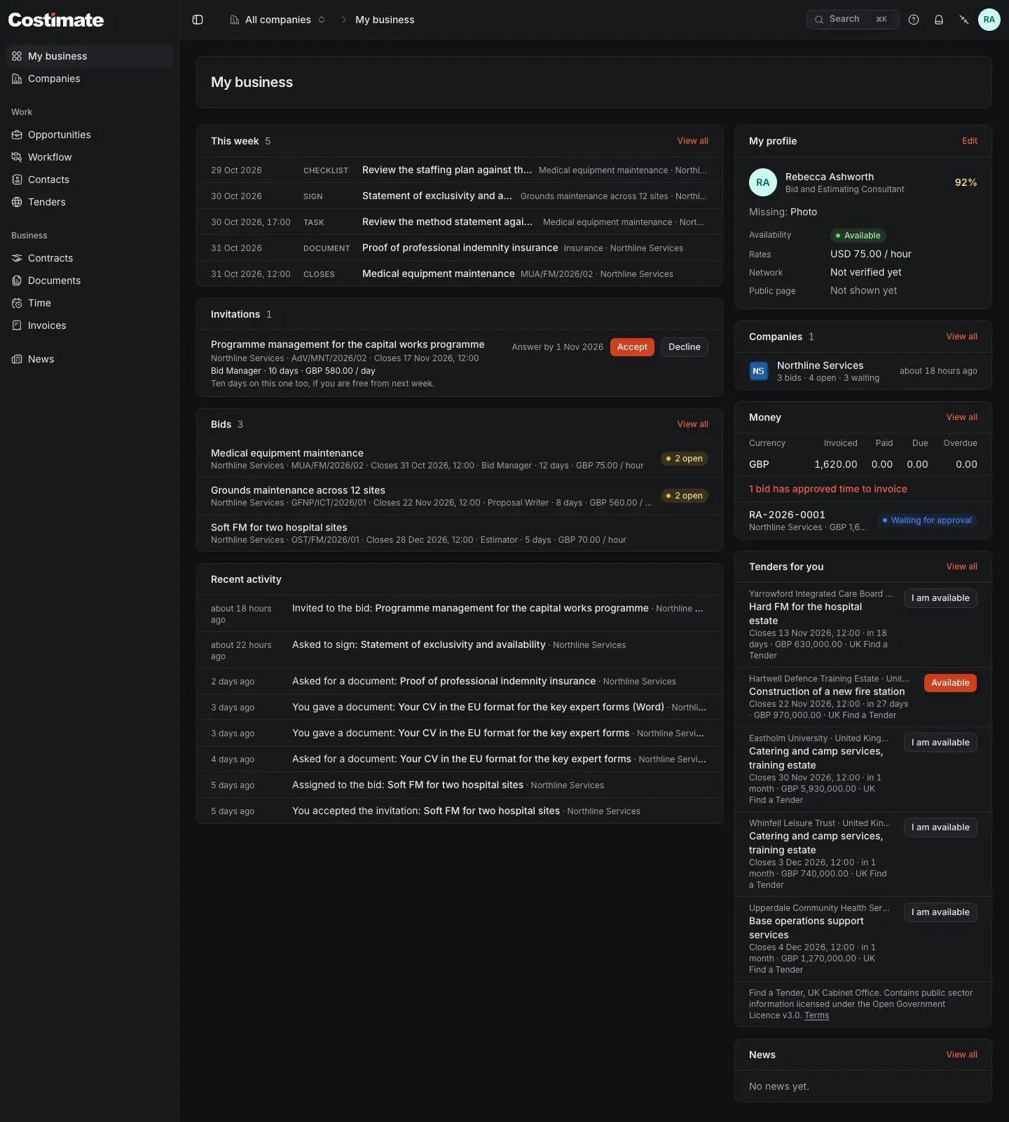 My business, an expert's dashboard: what is due this week across companies, the invitation to answer, the bids, recent activity, the profile, the companies, the money and tenders that fit the expert.