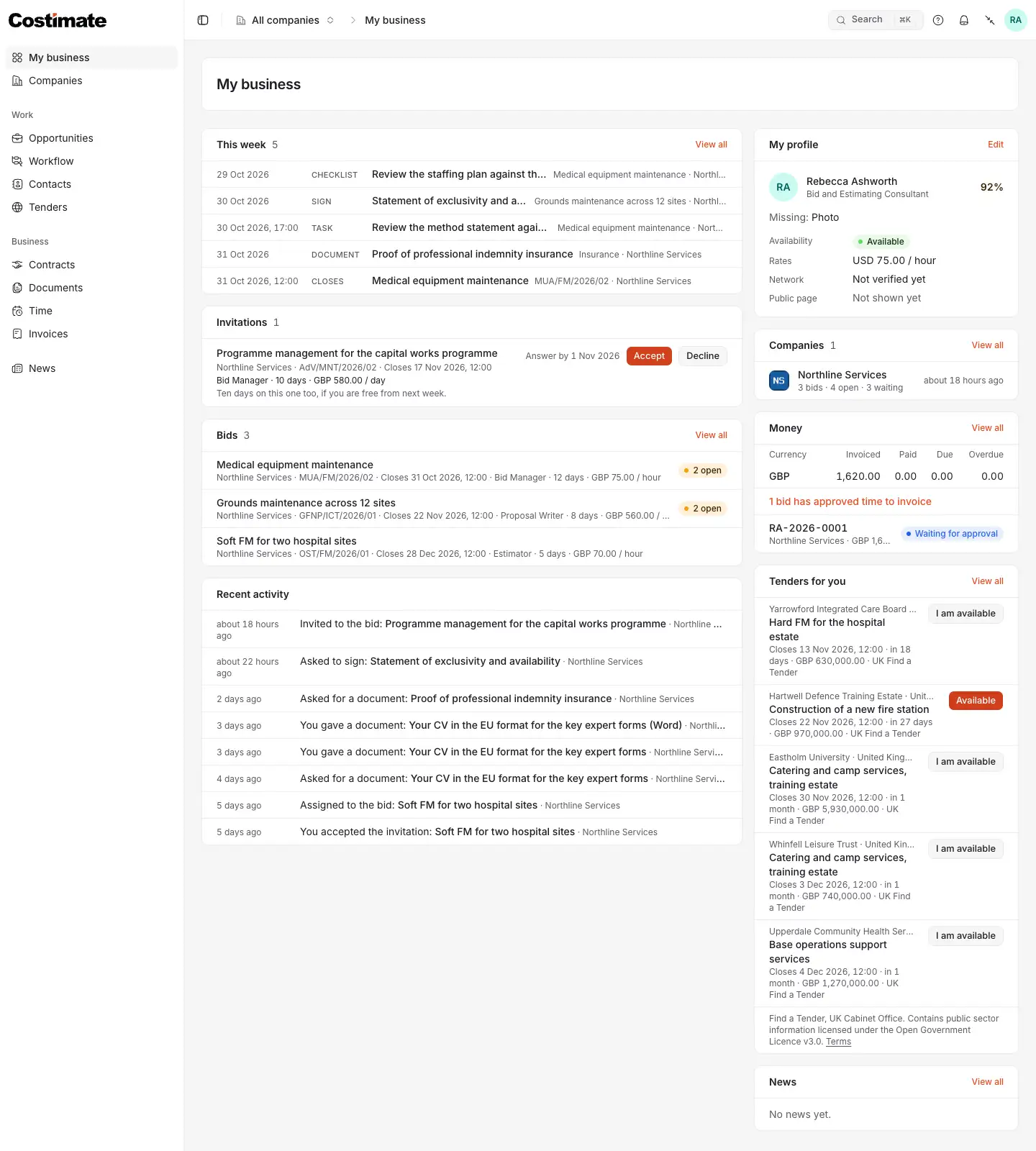 My business, an expert's dashboard: what is due this week across companies, the invitation to answer, the bids, recent activity, the profile, the companies, the money and tenders that fit the expert.