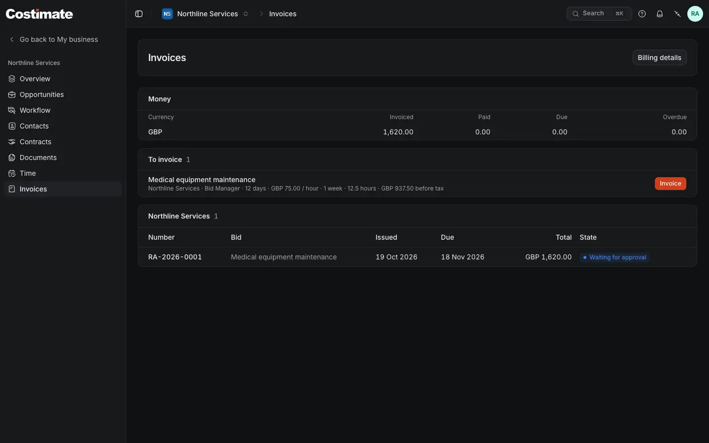 Invoices in the expert portal: what is invoiced, paid, due and overdue, the approved time waiting to be invoiced with Invoice, and the invoices with their state.