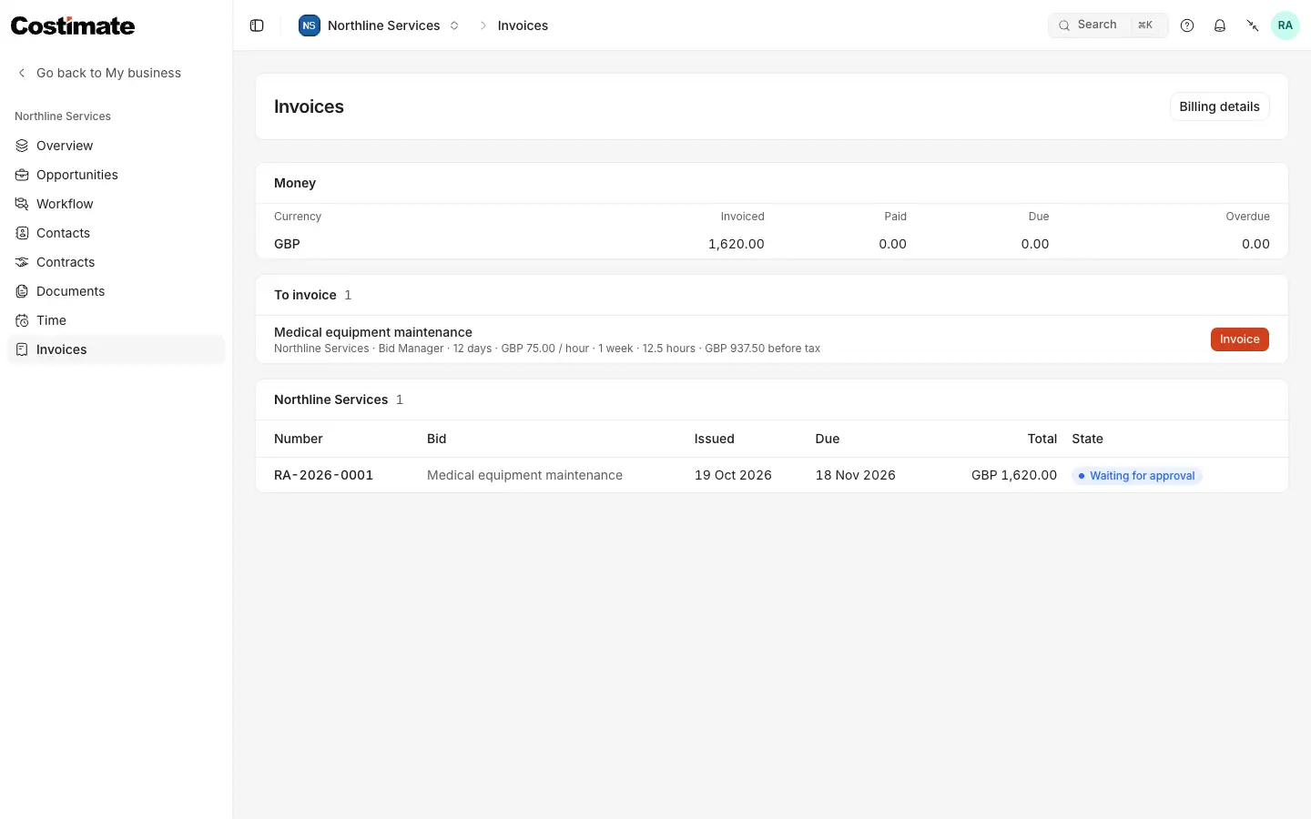 Invoices in the expert portal: what is invoiced, paid, due and overdue, the approved time waiting to be invoiced with Invoice, and the invoices with their state.