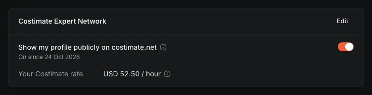 The Costimate Expert Network card on an expert's profile: the switch that shows the profile on Our experts once Costimate features it, when it was switched on, and the expert's Costimate rate.
