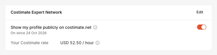 The Costimate Expert Network card on an expert's profile: the switch that shows the profile on Our experts once Costimate features it, when it was switched on, and the expert's Costimate rate.