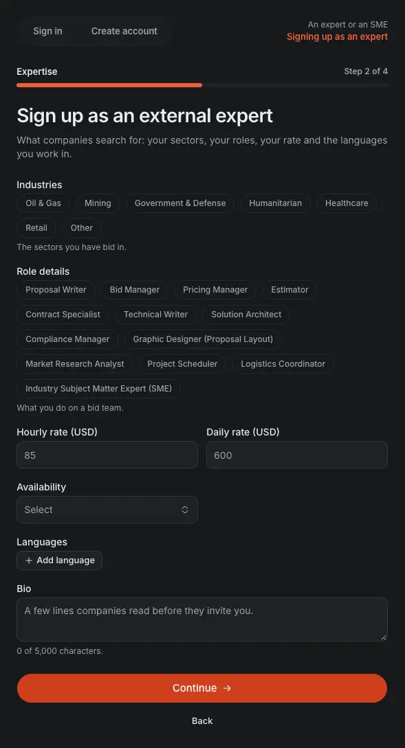 The second step of an expert's sign-up, Expertise: their industries and roles, hourly and daily rates, availability, languages and a short bio.