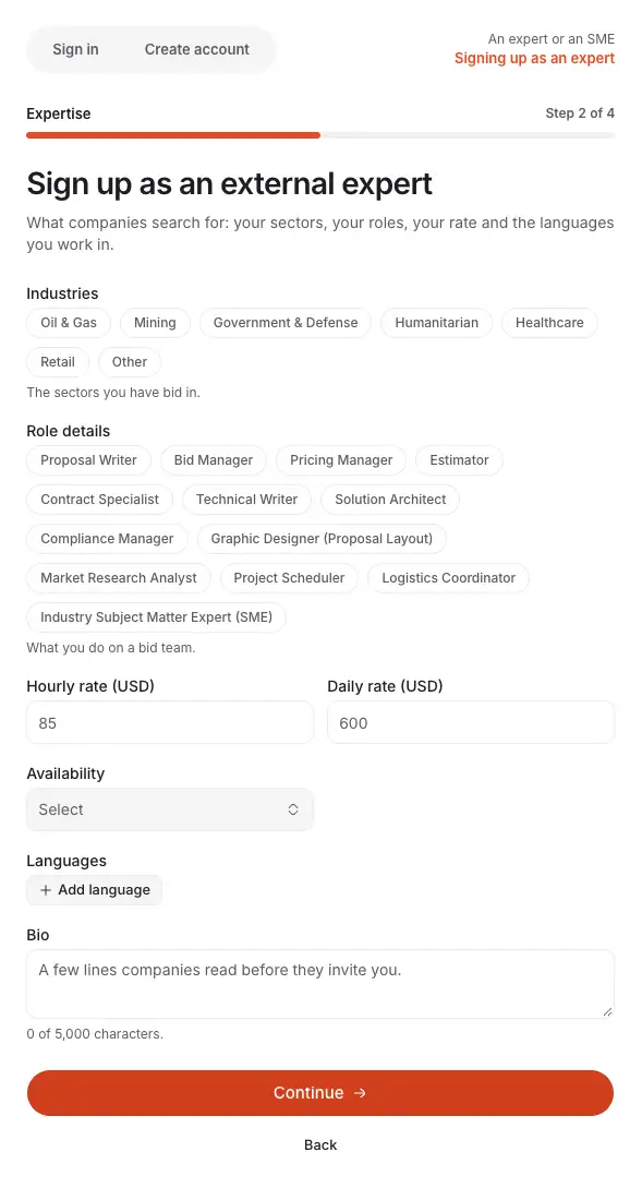 The second step of an expert's sign-up, Expertise: their industries and roles, hourly and daily rates, availability, languages and a short bio.