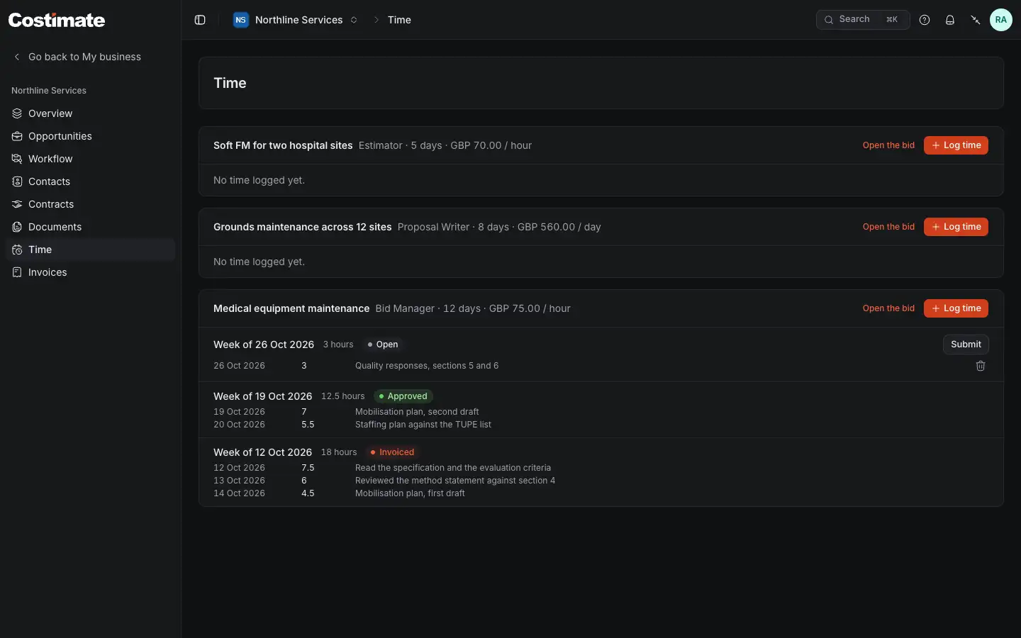 Time in the expert portal: each engagement with its role, days and rate, Log time, and its weeks: this week open with Submit, the week before approved, and the one before that invoiced.