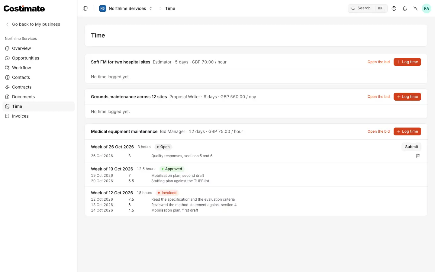 Time in the expert portal: each engagement with its role, days and rate, Log time, and its weeks: this week open with Submit, the week before approved, and the one before that invoiced.