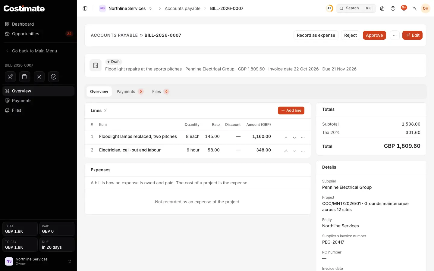 A supplier's bill waiting for approval: Record as expense, Reject and Approve, its lines, the expenses that name it, its totals and its details.
