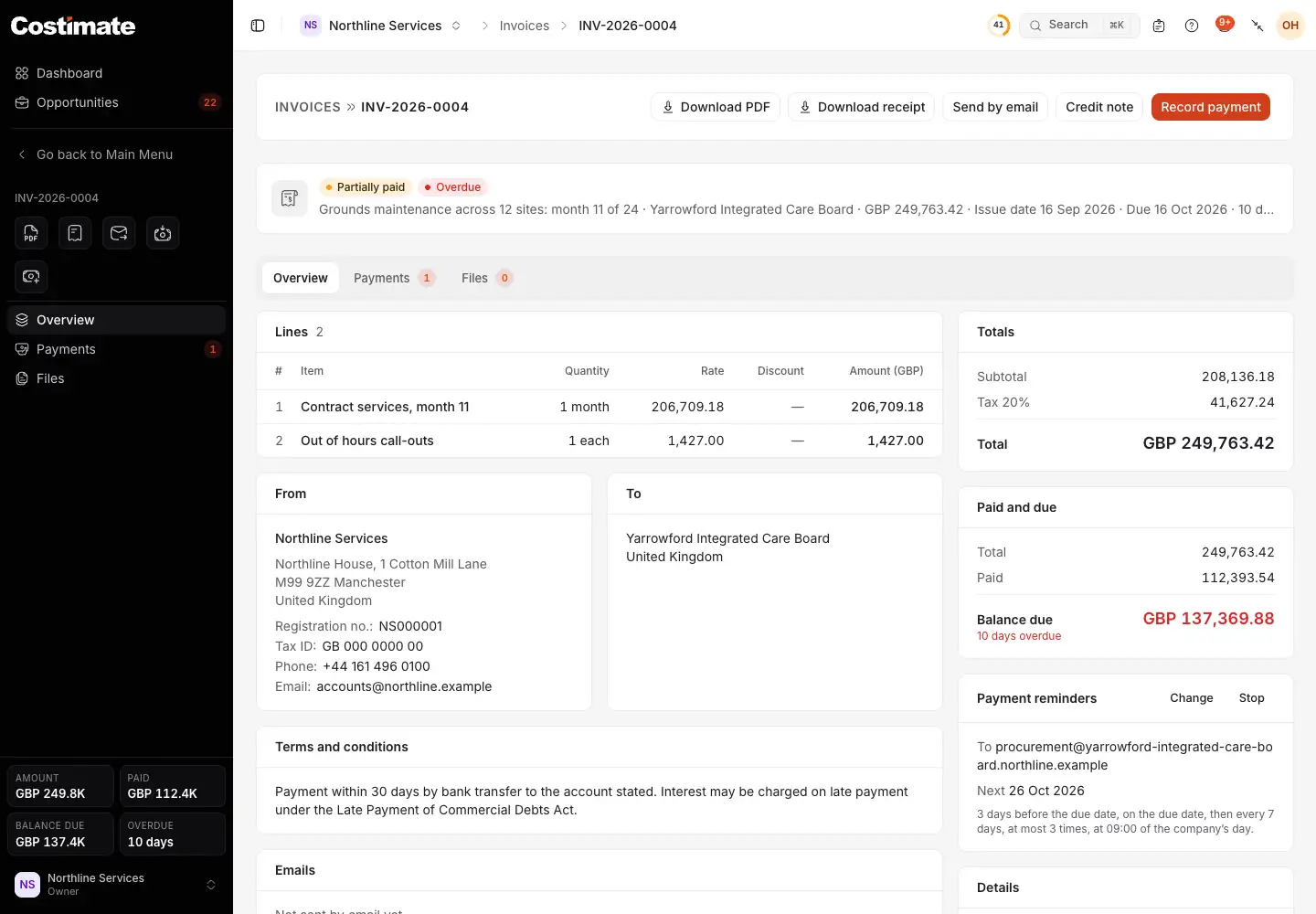 An invoice partly paid and overdue: Record payment, Send by email and Credit note, its lines, who it is from and to, what is paid and due, and its payment reminders.