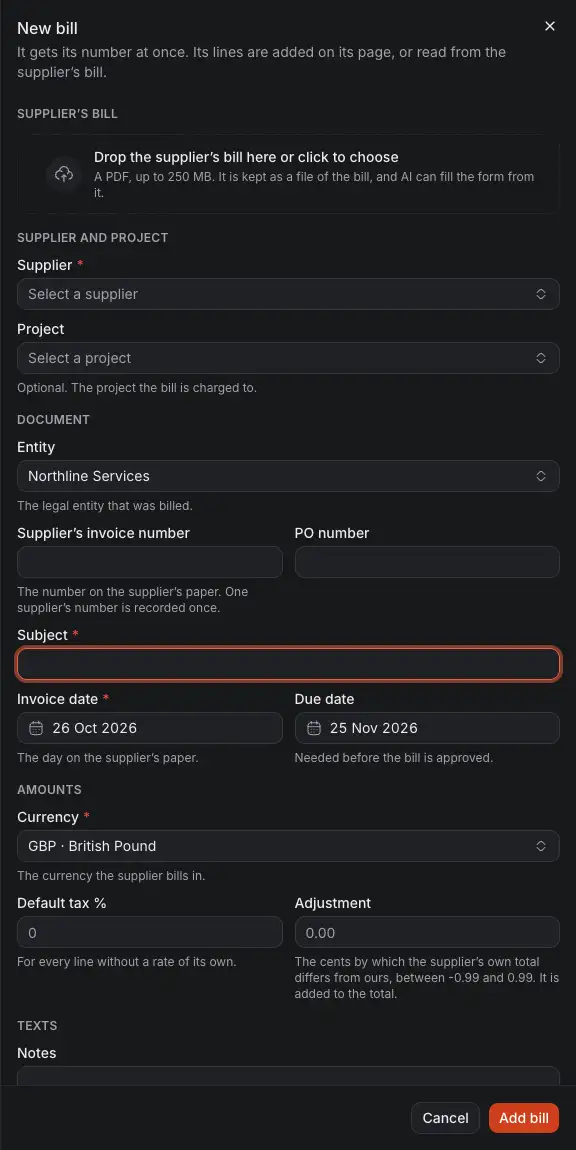 The drawer New bill: the place for the supplier's bill, which AI can read, then the supplier, the project, the bill's numbers, subject and dates.