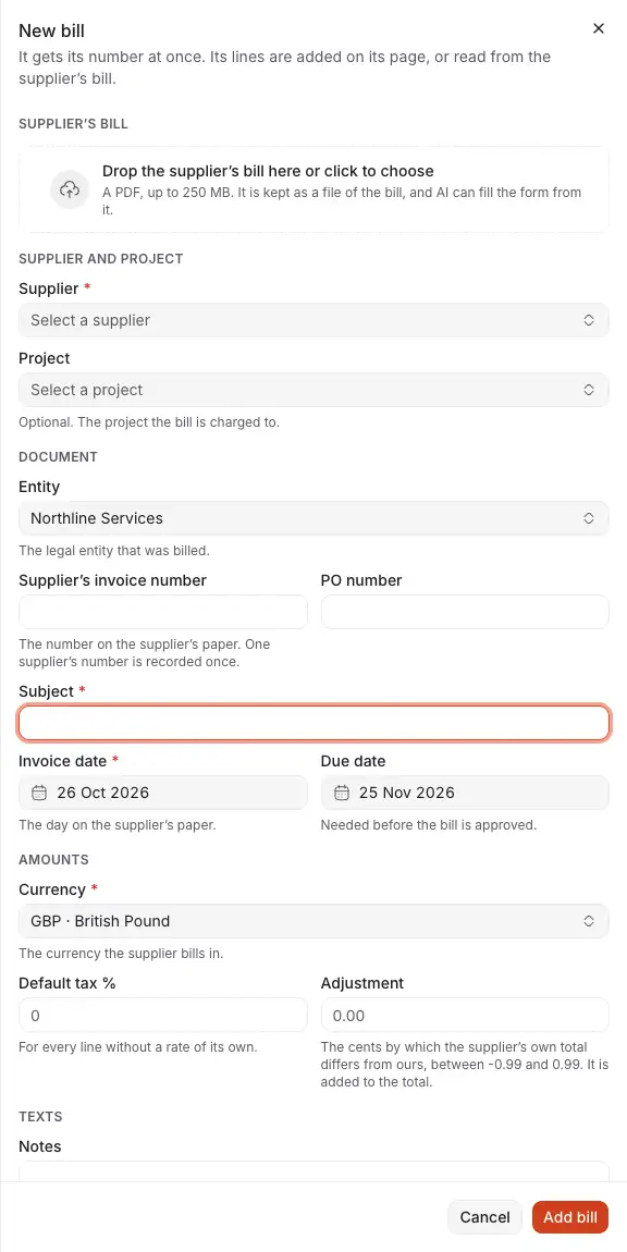 The drawer New bill: the place for the supplier's bill, which AI can read, then the supplier, the project, the bill's numbers, subject and dates.