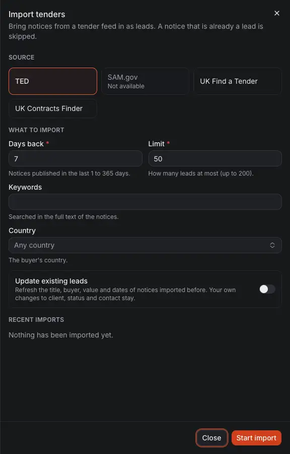 The drawer Import tenders: the source, how many days back and how many leads, keywords and country, whether to update existing leads, and Start import.