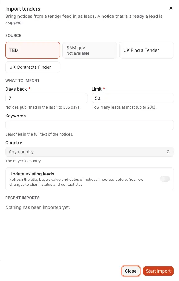 The drawer Import tenders: the source, how many days back and how many leads, keywords and country, whether to update existing leads, and Start import.