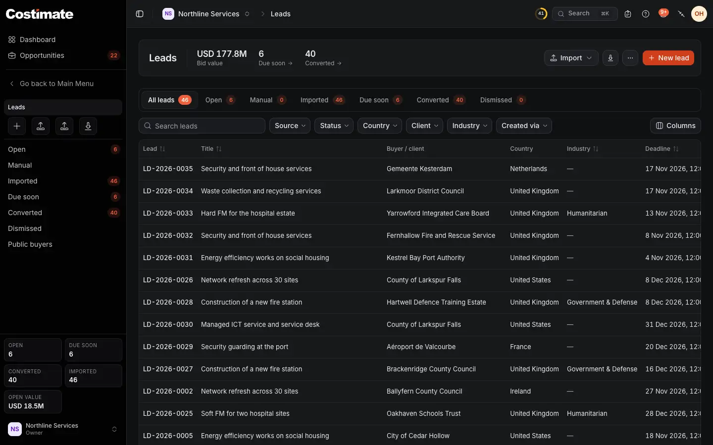 The Leads list: Import and New lead, the views by status, the filters and the leads with their buyer, country and deadline.