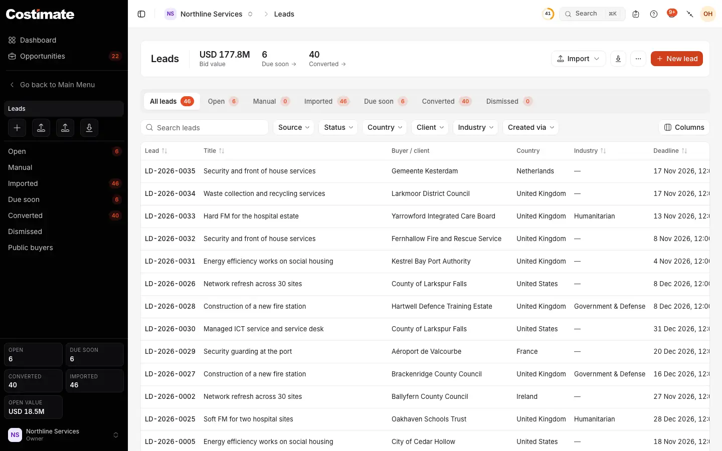 The Leads list: Import and New lead, the views by status, the filters and the leads with their buyer, country and deadline.
