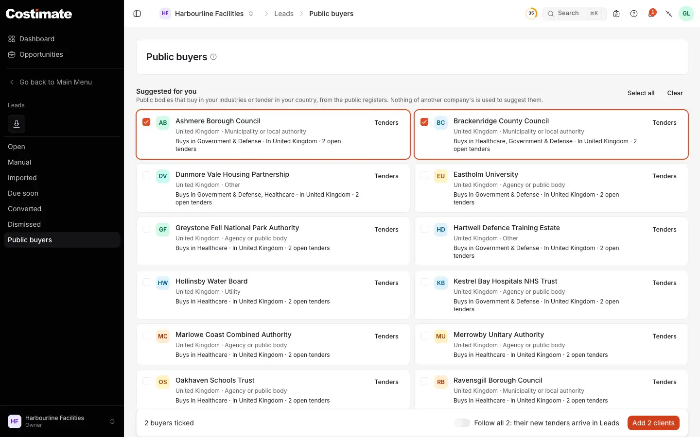 Public buyers, under Leads: the buyers suggested for the company, two of them ticked, and the bar that adds them as clients and follows them.