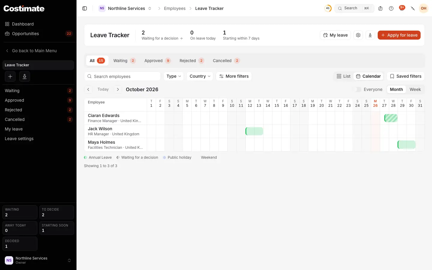 The Leave Tracker as a calendar: the month with a bar across the days of each leave, the one waiting for a decision striped, weekends shaded, and Everyone.